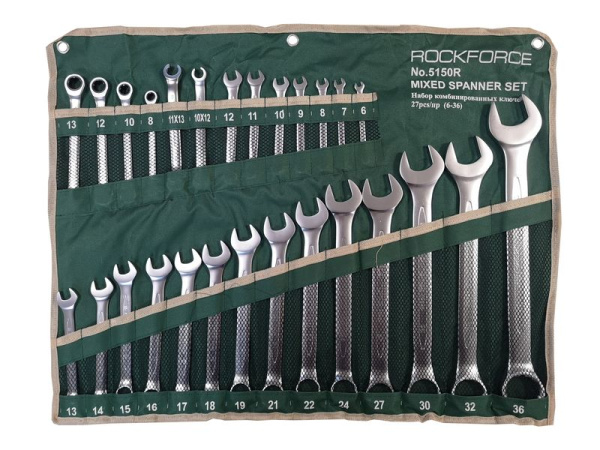 Набор ключей комбинированных универсальный 27пр.(6-36мм),разрезные 2пр(10-12,11-13мм) трещоточные 4пр(8-13мм) на полотне