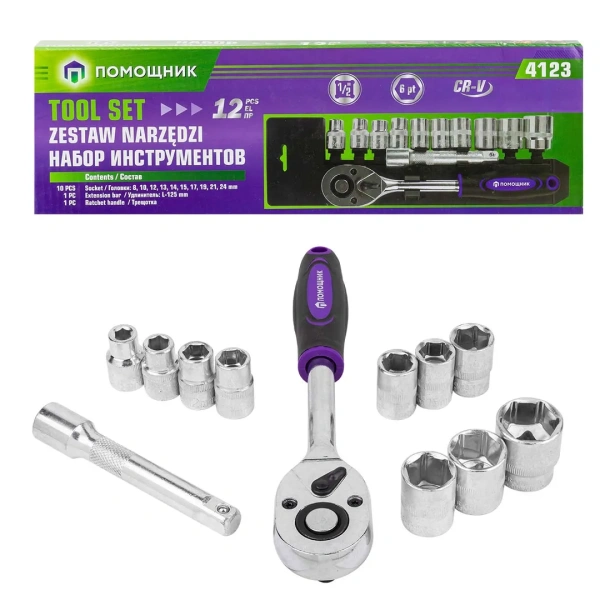Набор головок с трещоткой и удлинителем 12пр.1/2''(6гр)(8,10,12-15,17,19,21,24мм),в пласт. держателе