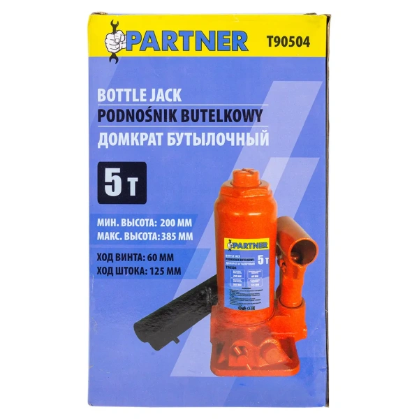 Домкрат бутылочный 5т с клапаном (h min 200мм, h max 385мм, ход штока-125мм, ход винта-60мм)