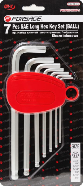 Набор ключей Г-образных 6-гранных длинных с шаром, 7пр.(3/32'', 1/8'', 5/32'', 3/16'', 1/4'', 5/16'', 3/8'') в пластиковом держателе