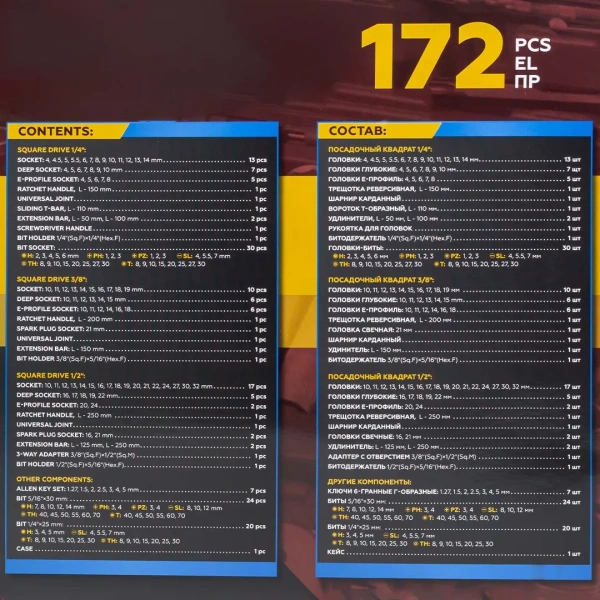 Набор инструментов 172пр. 1/2''3/8''1/4''6pt