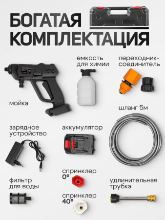 Мойка высокого давления аккумуляторная (21В,15 Бар,2.8 л/мин, батарея 1500 мАч, зарядка 3-5ч, насос аллюминий, щеточный двигатель)