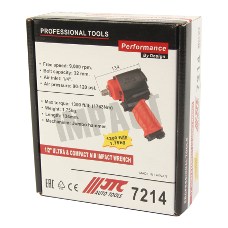 Гайковерт пневматический JTC 7214 (1/2", 1763 Нм, 9000 об/мин, 90-120PSI)