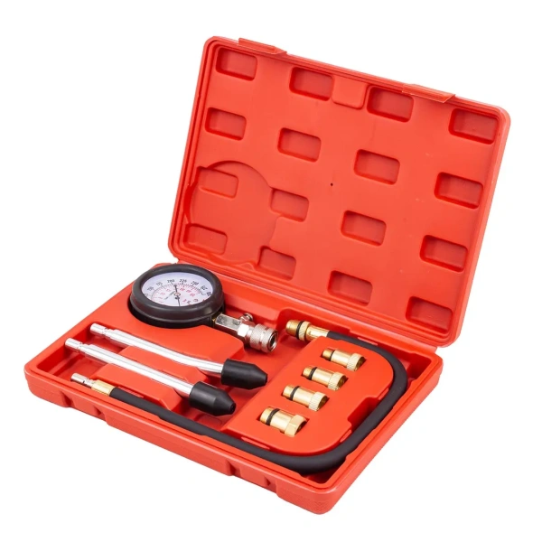 Индикатор компрессии бензинового двигателя 8пр.(0-20Bar, М10х1.0, М12х1.25, М14х1.25, М18х1.5 + 2 жестких прижимных адаптера-переходника),в кейсе