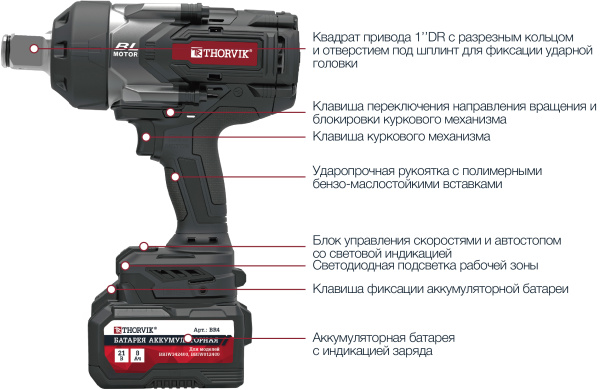 Гайковерт ударный аккумуляторный бесщеточный Thorvik BBIW012400DNB (1"DR, 21 В, 2400 Нм, без АКБ и З/У)