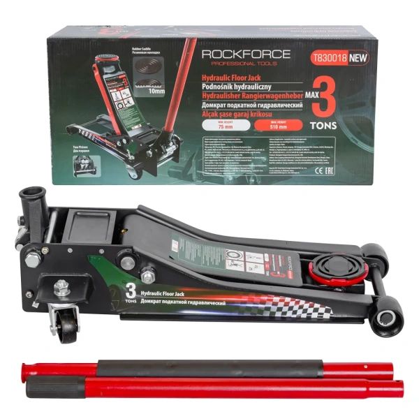 Домкрат подкатной гидравлический 3 т усиленный низкопрофильный (2 поршня, резиновая накладка,h min75мм,h max510,черно-зеленый)