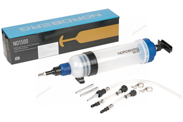 Шприц для заливки масла пластиковый с комплектом насадок NORDBERG NO1500 (1500 мл)