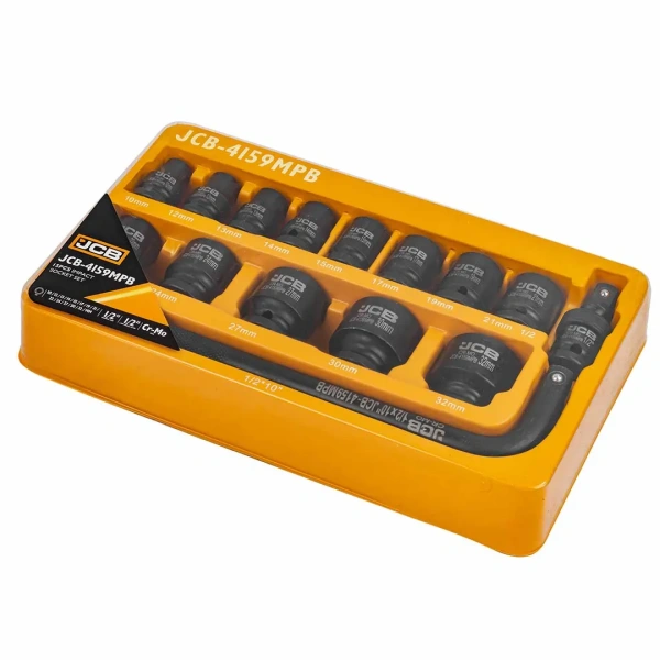 Набор головок ударных коротких 6-гр. 1/2'',15пр. (10-32мм, вороток Г-обр., кардан) в ложементе