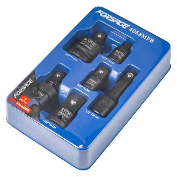 Набор адаптеров ударных 6пр(3/8''(F)x1/2''(M),1/2''(F)x3/8''(M),1/2''(F)x3/4''(M),3/4''(F)x1/2''(M),удлинитель 125мм, кардан 1/2''),в ложементе