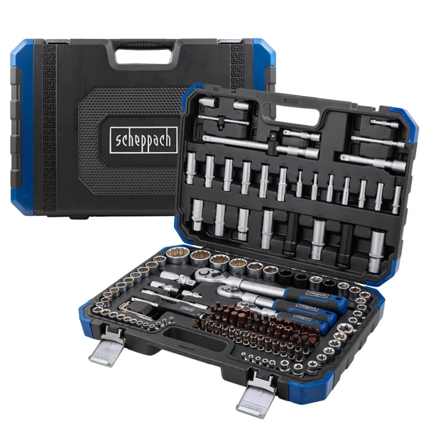 Набор инструментов 150+6пр.1/4''3/8''1/2''(6-гр.)(4-36мм, 3/8'':10-19мм 12гр., 1/2'':27,30,32,36-12гр.)+(биты 5/16'':М6,8,10,12,14, гибкий удлинитель 1/4'')