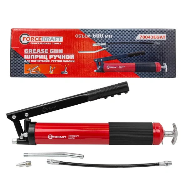 Шприц для нагнетания густой смазки ручной 600мл в комплекте с жестким(L-140мм) и гибким(L-300мм) наконечниками (1 шток,''под закладку'')