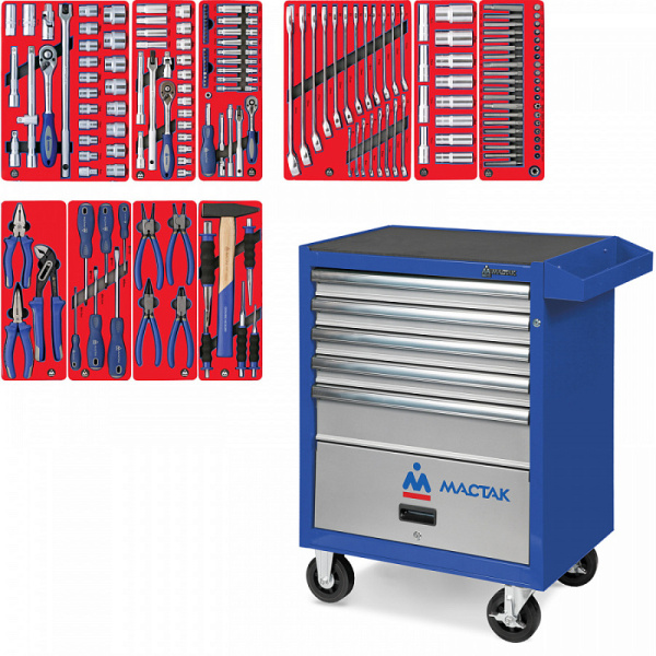 Тележка инструментальная с набором инструментов "СТАНДАРТ" 186 предметов МАСТАК 52-05186B