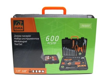 Набор инструментов 600 пр.1/4'' 3/8''(5-19мм, ключи:10-17мм,шарнирно-губцевый инстр.,отвертки,биты,молоток, ключи 6-е Г-обр.-е,расходник)