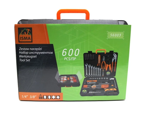Набор инструментов 600 пр.1/4'' 3/8''(5-19мм, ключи:10-17мм,шарнирно-губцевый инстр.,отвертки,биты,молоток, ключи 6-е Г-обр.-е,расходник)