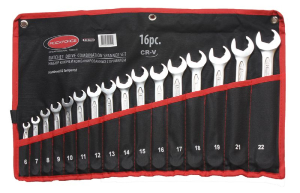 Набор ключей комбинированных с профилем ''Ratchet Drive''-''быстрый ключ'', 16пр. (6-19, 21, 22мм), на полотне