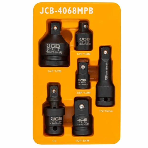 Набор адаптеров ударных 6пр(3/8''(F)x1/2''(M),1/2''(F)x3/8''(M),1/2''(F)x3/4''(M),3/4''(F)x1/2''(M),удлинитель 125мм, кардан 1/2''),в ложементе