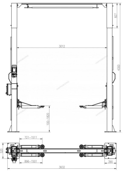 Подъёмник двухстоечный 4,5т 380V с верхней синхронизацией с электростопорами NORDBERG N4124HE-4,5G