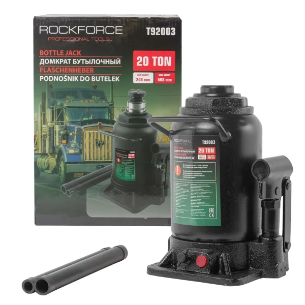 Домкрат бутылочный гидравлический двухштоковый ''Profi''20т с клапаном (h min-248мм, max-598мм,ход штока-290мм,ход винта-60мм)