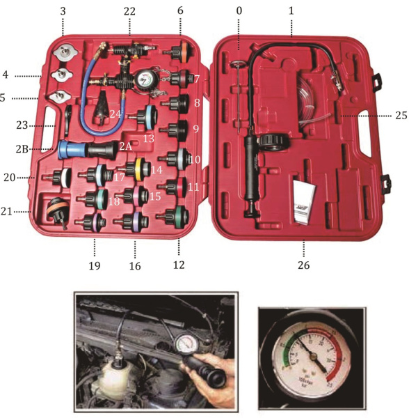Набор инструментов для тестирования давления в радиаторе JTC 4842A (27 предметов в кейсе)