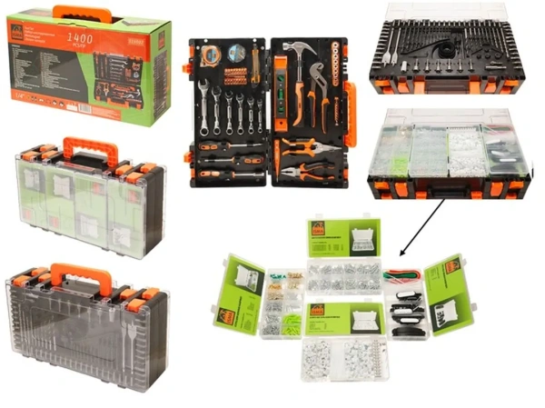 Набор инструментов 1400 пр 1/4''(шарнирно-губцевой, ударный, головки, отвертки, биты, крепежи) (6гр.)(5-13мм) в кейсе