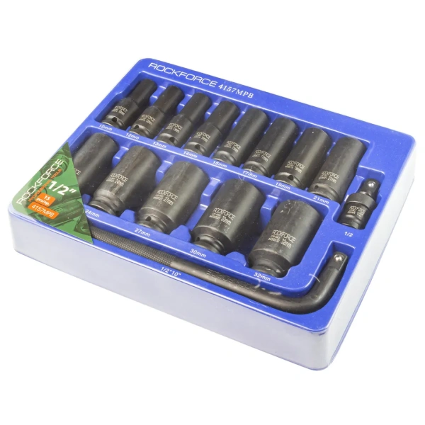 Набор головок ударных глубоких 6-гр. 1/2'',15пр. (10-32мм, вороток Г-обр., кардан) в ложементе