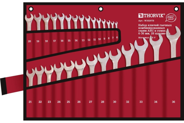 Набор ключей гаечных комбинированных серии ARC в сумке 6-36 мм 28 предметов Thorvik W3S28TB