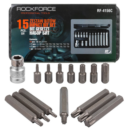 Набор бит TORX с битодержателем,15пр. 1/2''(L: 30/75мм, Т20,Т25,Т30,Т40,Т45,Т50,Т55)