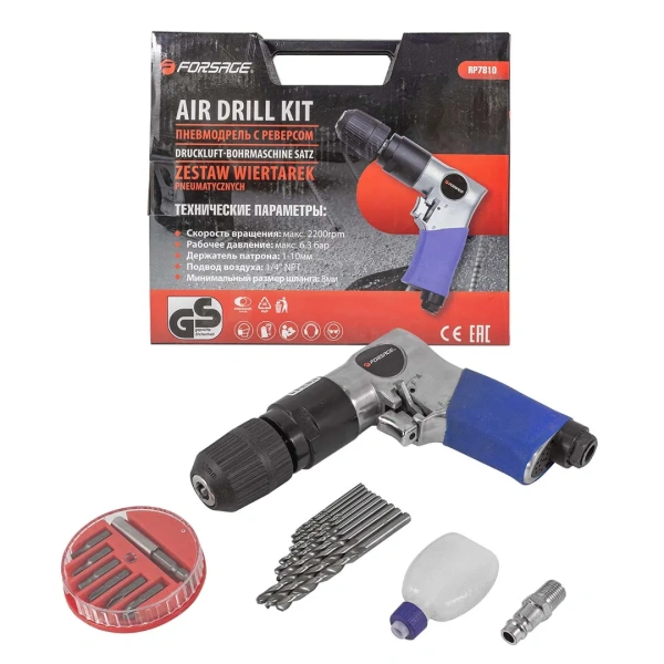 Пневмодрель с реверсом, набором бит и сверл 20пр(патрон:1-10мм,2200об/мин,6.3Bar,штуцер 1/4'')