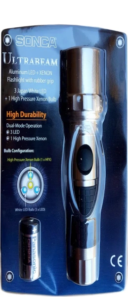 Фонарик переносной влагонепроницаемый в алюм. корпусе Sonca Ксенон(2 режима: 3LED,1 Xenon, 1x3V 123 lithium batteri, Xenon 2.4V/1A)в блистере