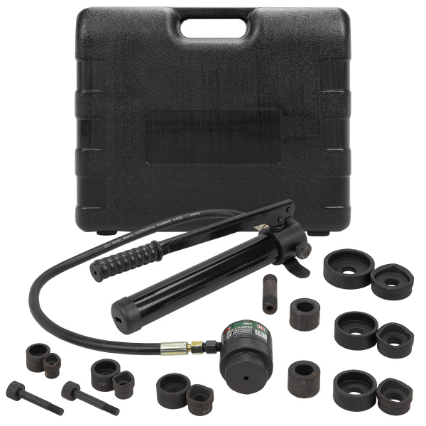 Пробойник гидравлический с насосом 10т (Ø22, 27.5, 34, 43, 49, 60мм, сталь нерж.-1.6мм, медь/алюм.-3.2мм,ход штока-22мм), в кейсе