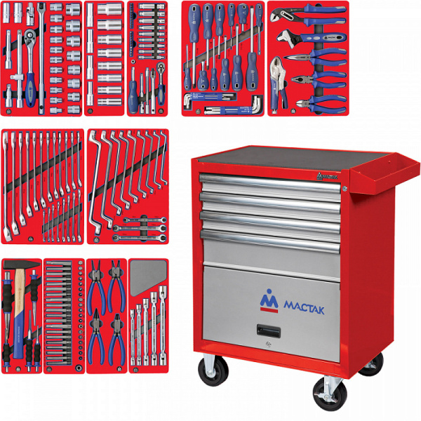 Тележка инструментальная с набором инструментов "МАСТЕР" 205 предметов МАСТАК 52-04205R