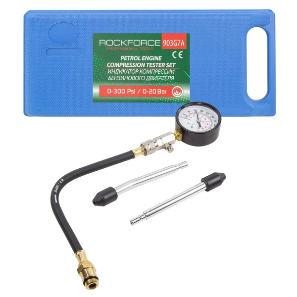 Индикатор компрессии бензинового двигателя Profi (0-21Bar, М14, М18 + жесткий прижимной адаптер-переходник-2шт) 4пр., в кейсе