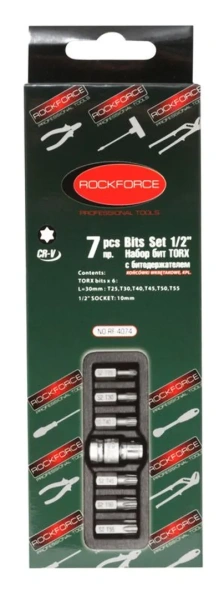 Набор бит TORX с битодержателем,7пр.1/2''(L:30мм,Т25,Т30,Т40,Т45,Т50,Т55), в ложементе