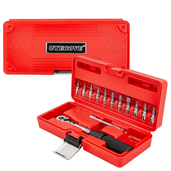 Ключ динамометрический щелчкового типа с быстрой фиксацией 2-22Нм, 1/4''в комплекте с инструментом, в пластиковом кейсе (красный)