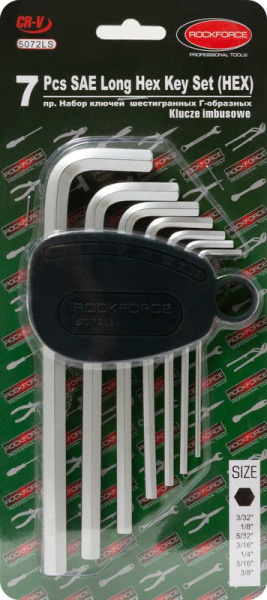 Набор ключей Г-образных 6-гранных длинных, 7пр.(3/32'', 1/8'', 5/32'', 3/16'', 1/4'', 5/16'', 3/8'') в пластиковом держателе