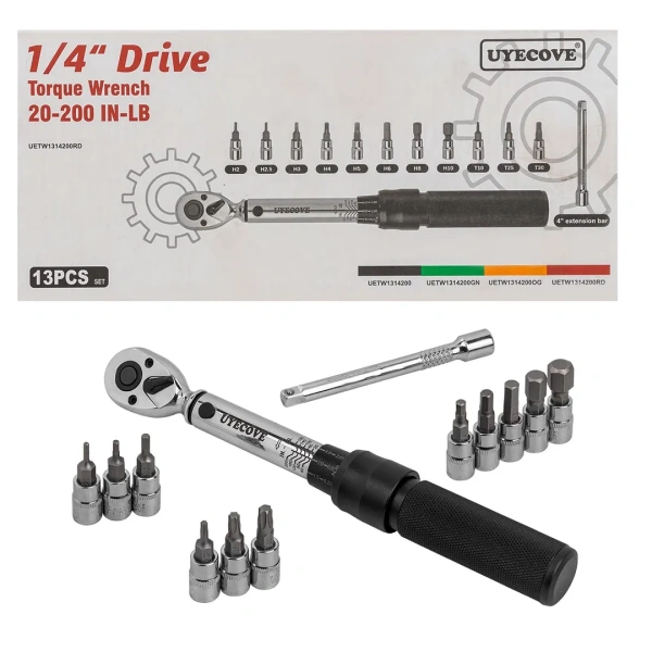 Ключ динамометрический щелчкового типа с быстрой фиксацией 2-22Нм, 1/4''в комплекте с инструментом, в пластиковом кейсе (красный)