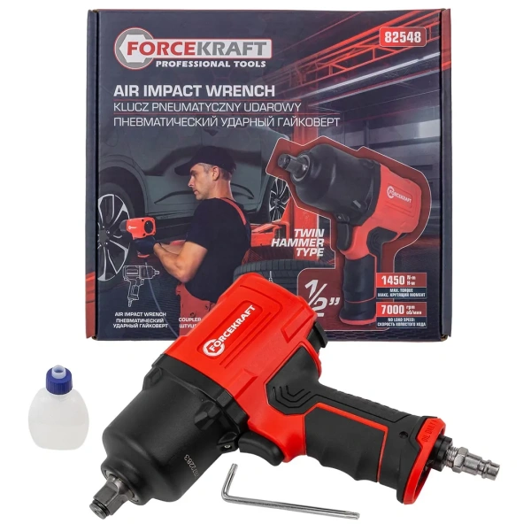 Пневмогайковерт ударный ''Twin Hammer''с реверсом и регулировкой усилия в облегченном корпусе 1/2''(1450Hм, 7000 об/мин,6.3bar,198 л/мин,вес 2кг)
