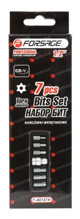 Набор бит TORX с отверстием и битодержателем,7пр.1/2''(L:30мм,Т25,Т30,Т40,Т45,Т50,Т55), в ложементе