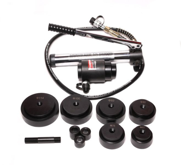 Пробойник гидравлический с насосом15т(Ø63, 76, 80, 89, 100, 114мм, сталь нерж.-2мм, медь/алюм.-4мм,ход штока-22мм),в кейсе