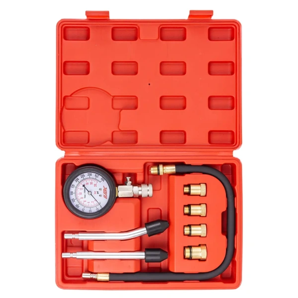 Индикатор компрессии бензинового двигателя 8пр.(0-20Bar, М10х1.0, М12х1.25, М14х1.25, М18х1.5 + 2 жестких прижимных адаптера-переходника),в кейсе