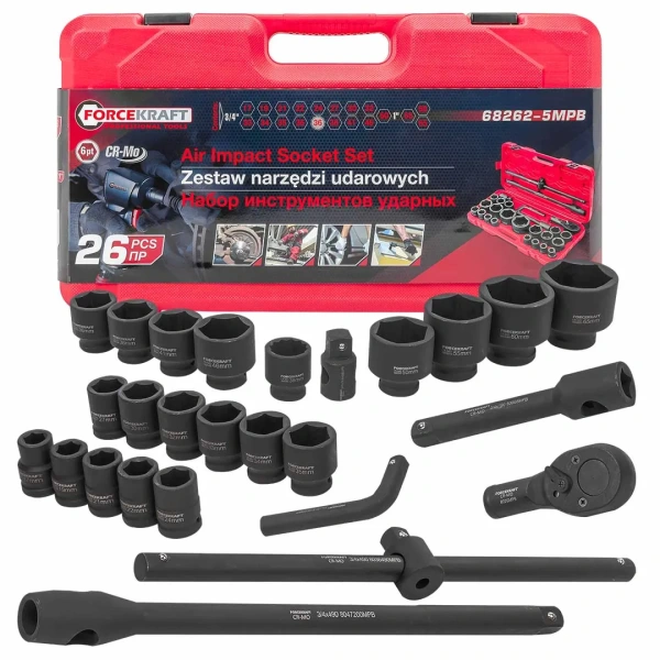 Набор инструментов ударных ''Profi''26пр, 6гр, 3/4''(17,19,21,22,24,27,30,32-36,36-12гр,38,41,46,50) 1''(55,60,65), в кейсе