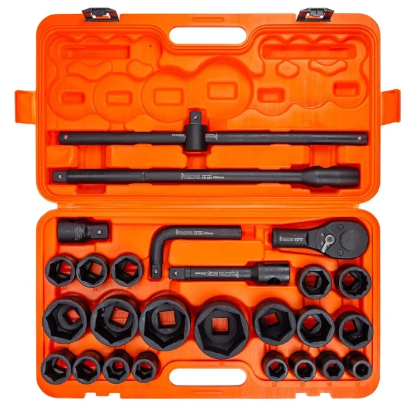 Набор инструментов ударных 26пр, 3/4''1''(6гр.) (17,19,22,24,27,30,32,33,34,35,36,36-12гр,38,41,46,50мм,1'':55,60,65мм) в пласт.кейсе