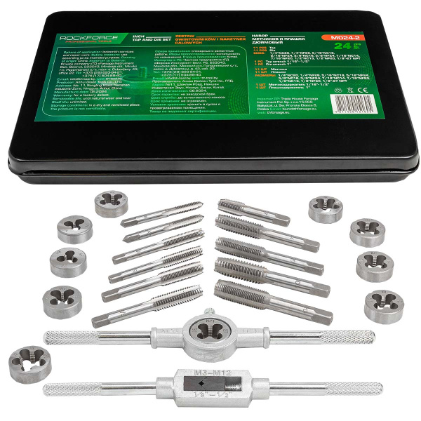 Набор метчиков и плашек дюймовый 24пр. (1/4, 5/16, 3/8, 7/16, 1/2), в металлическом кейсе