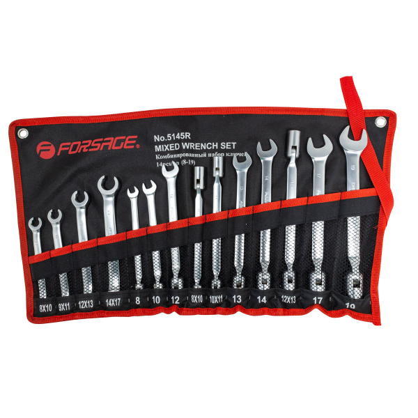 Набор ключей комбинированный 14пр.(разрезные:8х10,9х11,12х13,14х17мм,торц.шарнир-е:8х10,10х11,12х13мм,рожково-торцевые:8,10,12,13,14,17,19мм),на полот