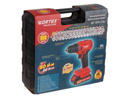 Аккум. дрель-шуруповерт WORTEX BD 1815-1 DLi в чем. ALL1 XLT БЕСЩЕТ, 18 В, 50 Н*м, 1х1.5 А*ч, БЗП 10