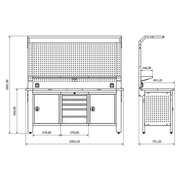 Верстак металический 730х2000х2000мм(столешница 690х2000мм,перфорация1080х2000мм,бок перфорации500х600мм,ящики навес1-а створч.-2шт,ящик навес5 полок)